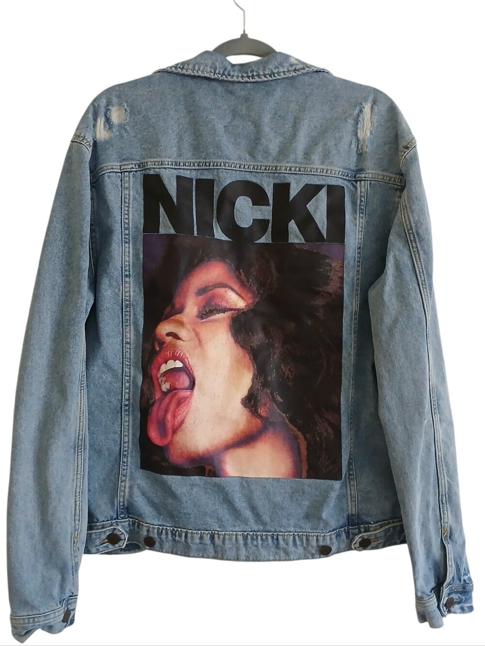 NICKI MINAJ x H&M Limited Edition Denim Trucker Jacket Women's L Graphic Pockets
